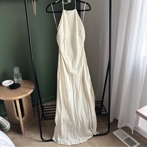 Elegant Cream Cotton Linen Blend Halter Maxi Dress